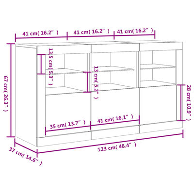 vidaXL Příborník s LED osvětlením betonově šedý 123 x 37 x 67 cm