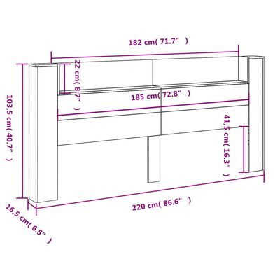 vidaXL Čelo postele s úložným prostorem a LED černé 220x16,5x103,5 cm