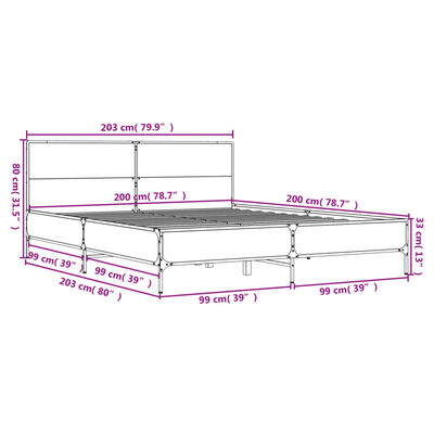 vidaXL Rám postele kouřový dub 200 x 200 cm kompozitní dřevo a kov