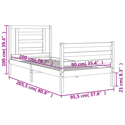 vidaXL Rám postele s čelem bílý 90 x 200 cm masivní dřevo