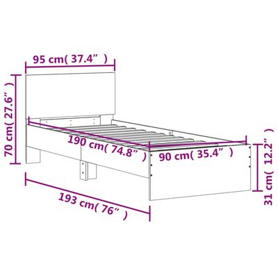 vidaXL Rám postele s čelem a LED osvětlením šedý sonoma 90 x 190 cm