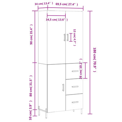 vidaXL Skříň highboard bílá 69,5 x 34 x 180 cm kompozitní dřevo