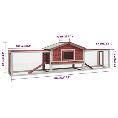 vidaXL Králíkárna červená 310x70x87 cm masivní borové a jedlové dřevo