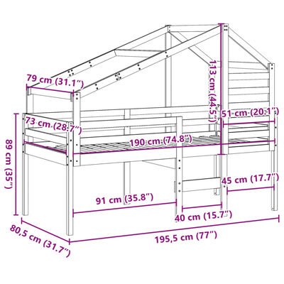 vidaXL Patrová postel se střechou 75 x 190 cm masivní borové dřevo