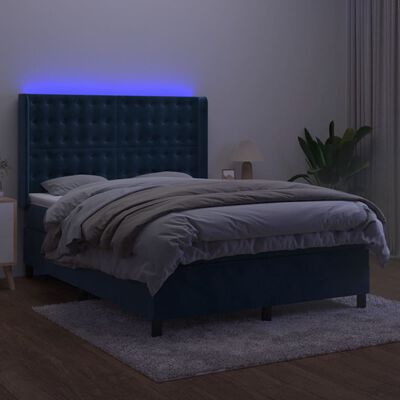 vidaXL Box spring postel s matrací a LED tmavě modrá 140x190 cm samet