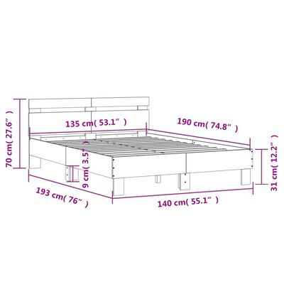 vidaXL Rám postele s čelem a LED osvětlením hnědý dub 135 x 190 cm