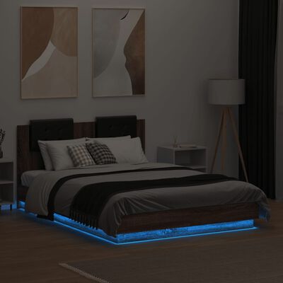 vidaXL Rám postele s čelem a LED osvětlením hnědý dub 140x190 cm