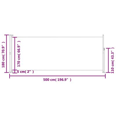 vidaXL Zatahovací boční markýza 180 x 500 cm hnědá