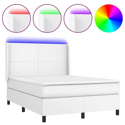 vidaXL Box spring postel s matrací a LED bílá 140x200 cm umělá kůže