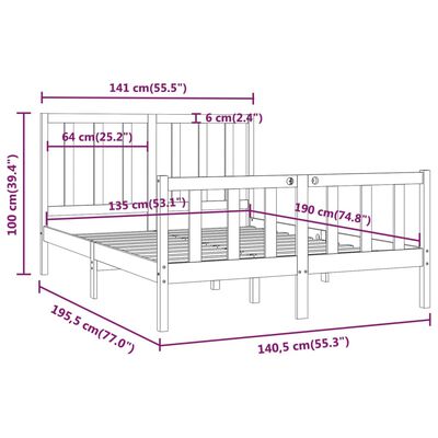 vidaXL Rám postele černý masivní borovice 135 x 190 cm UK Double