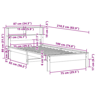 vidaXL Postel s knihovnou bez matrace bílá 75x190 cm masivní borovice