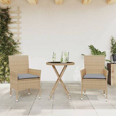 vidaXL 3dílný bistro set s poduškami béžový polyratan a sklo