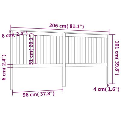 vidaXL Čelo postele černé 206 x 6 x 101 cm masivní borovice