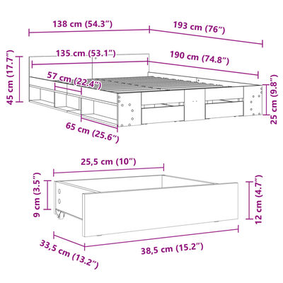 vidaXL Rám postele se zásuvkami černý 135 x 190 cm kompozitní dřevo