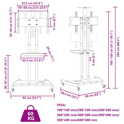 vidaXL TV stojan na kolečkách 32"–70" Max VESA 600 x 400 mm 60 kg