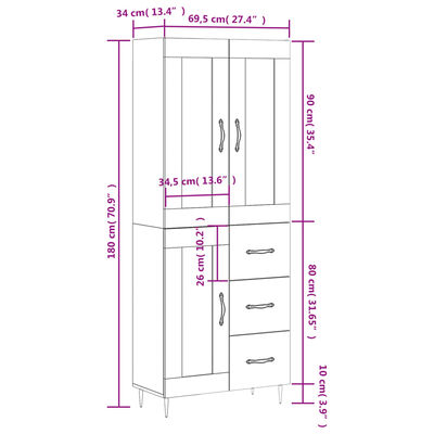 vidaXL Skříň highboard lesklá bílá 69,5 x 34 x 180 cm kompozitní dřevo