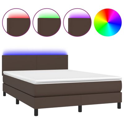 vidaXL Box spring postel s matrací a LED hnědá 140x200 cm umělá kůže