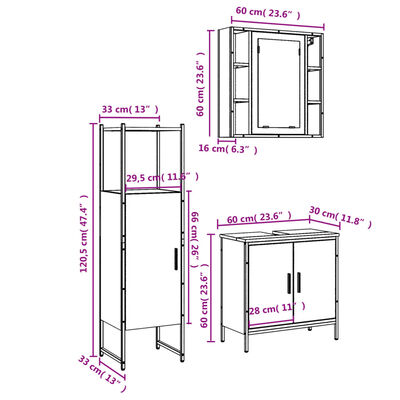 vidaXL 3dílný set koupelnových skříněk kouřový dub kompozitní dřevo