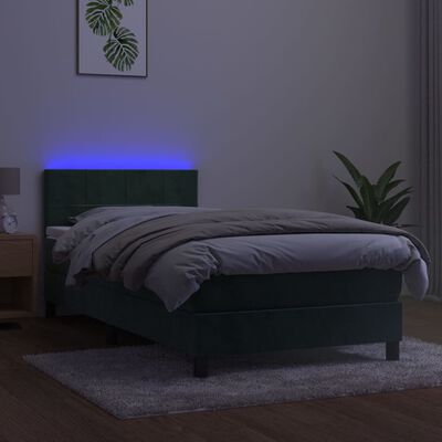 vidaXL Box spring postel s matrací a LED tmavě zelená 90x200 cm samet