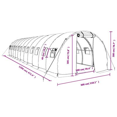 vidaXL Skleník s ocelovým rámem bílý 36 m² 12 x 3 x 2 m