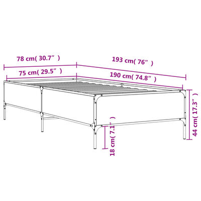 vidaXL Rám postele hnědý dub 75 x 190 cm kompozitní dřevo a kov