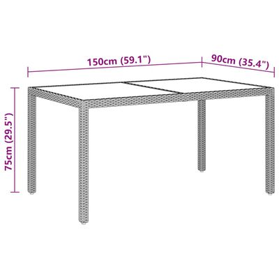 vidaXL Zahradní stůl 150 x 90 x 75 cm tvrzené sklo a polyratan šedý