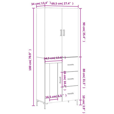 vidaXL Skříň highboard bílá 69,5 x 34 x 180 cm kompozitní dřevo