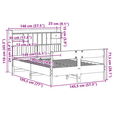 vidaXL Postel s knihovnou bez matrace 140 x 190 cm masivní borovice