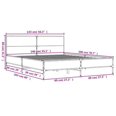 vidaXL Rám postele kouřový dub 140 x 200 cm kompozitní dřevo a kov