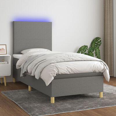 vidaXL Box spring postel s matrací a LED tmavě šedá 90x200 cm textil