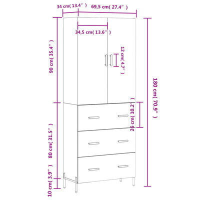 vidaXL Skříň highboard hnědý dub 69,5 x 34 x 180 cm kompozitní dřevo