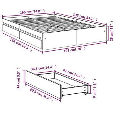 vidaXL Rám postele se zásuvkami černý 135 x 190 cm kompozitní dřevo