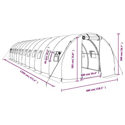 vidaXL Skleník s ocelovým rámem zelený 36 m² 12 x 3 x 2 m