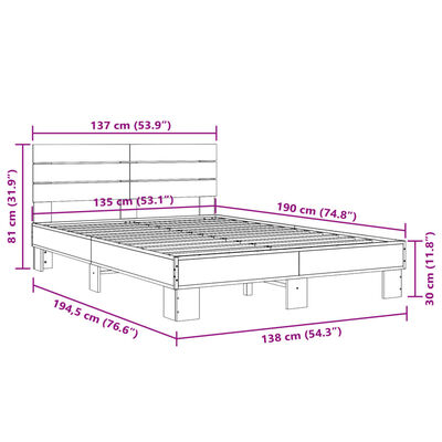 vidaXL Rám postele hnědý dub 135 x 190 cm kompozitní dřevo a kov