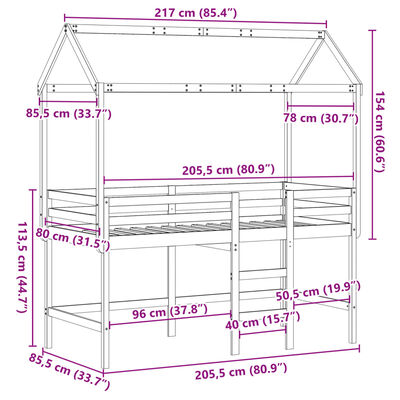 vidaXL Patrová postel s žebříkem a střechou 80 x 200 cm borovice