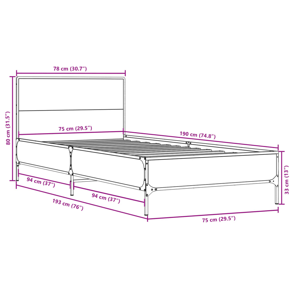 vidaXL Rám postele šedý sonoma 75 x 190 cm kompozitní dřevo a kov