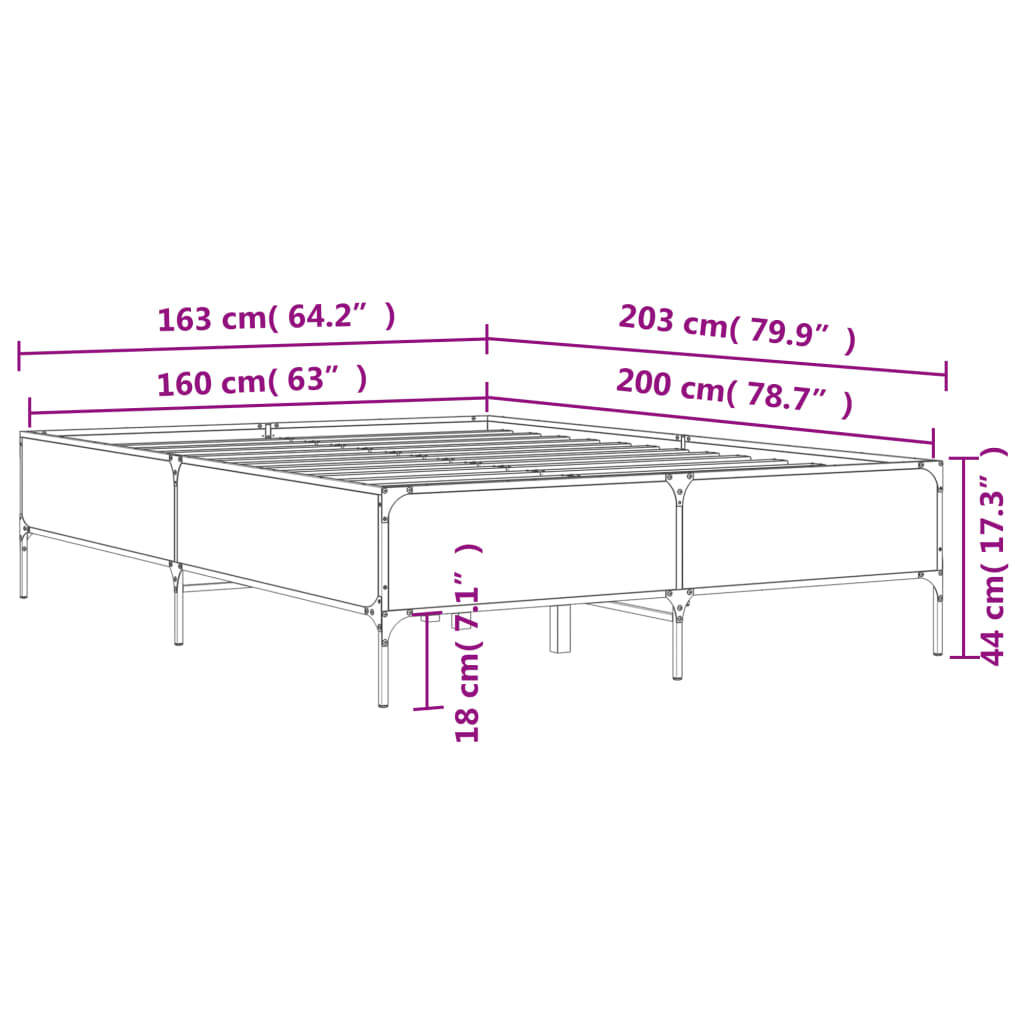 vidaXL Rám postele šedý sonoma 160 x 200 cm kompozitní dřevo a kov