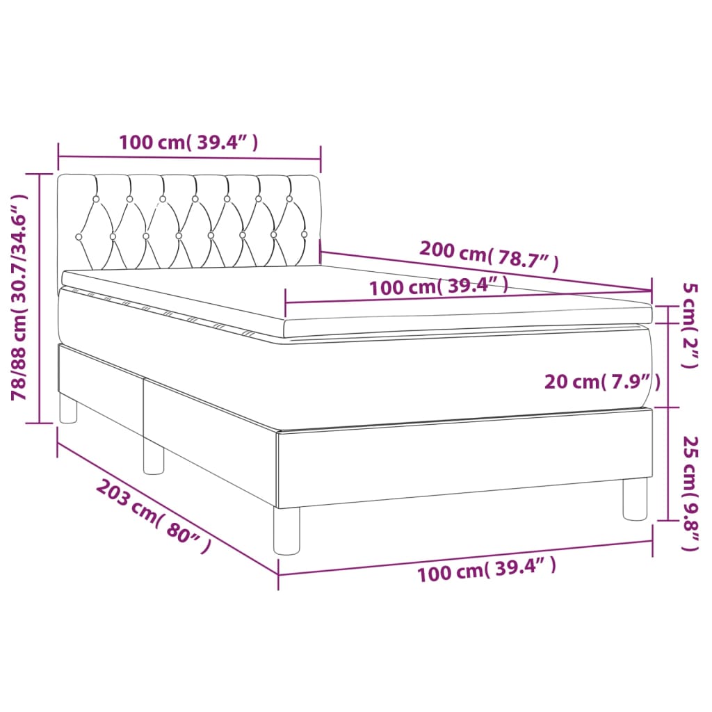 vidaXL Box spring postel s matrací a LED tmavě zelená 100x200 cm samet