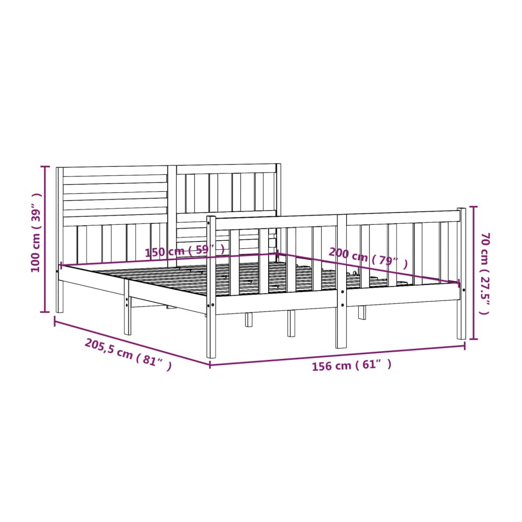 vidaXL Rám postele černý 150 x 200 cm King Size masivní dřevo