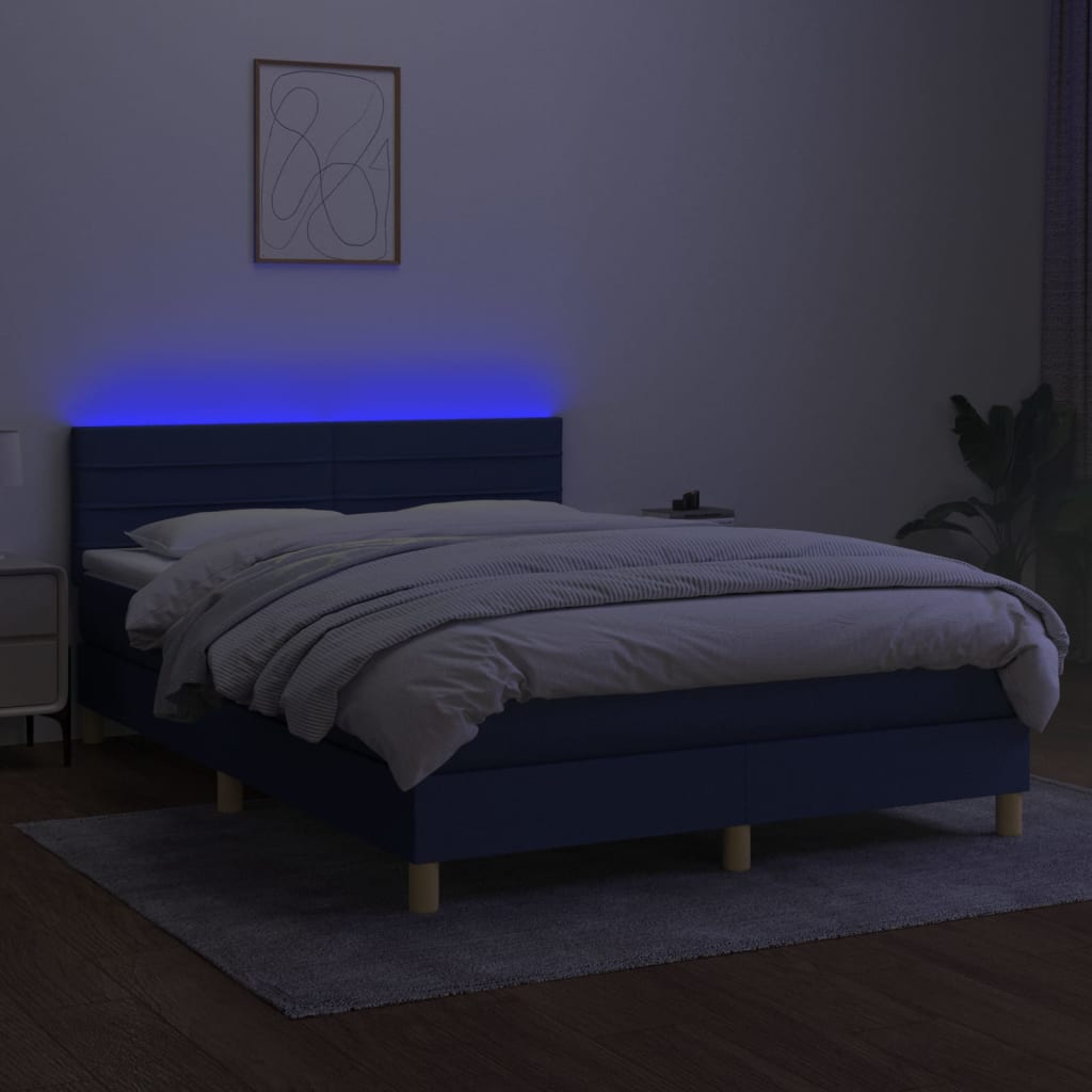 vidaXL Box spring postel s matrací a LED modrá 140x190 cm textil