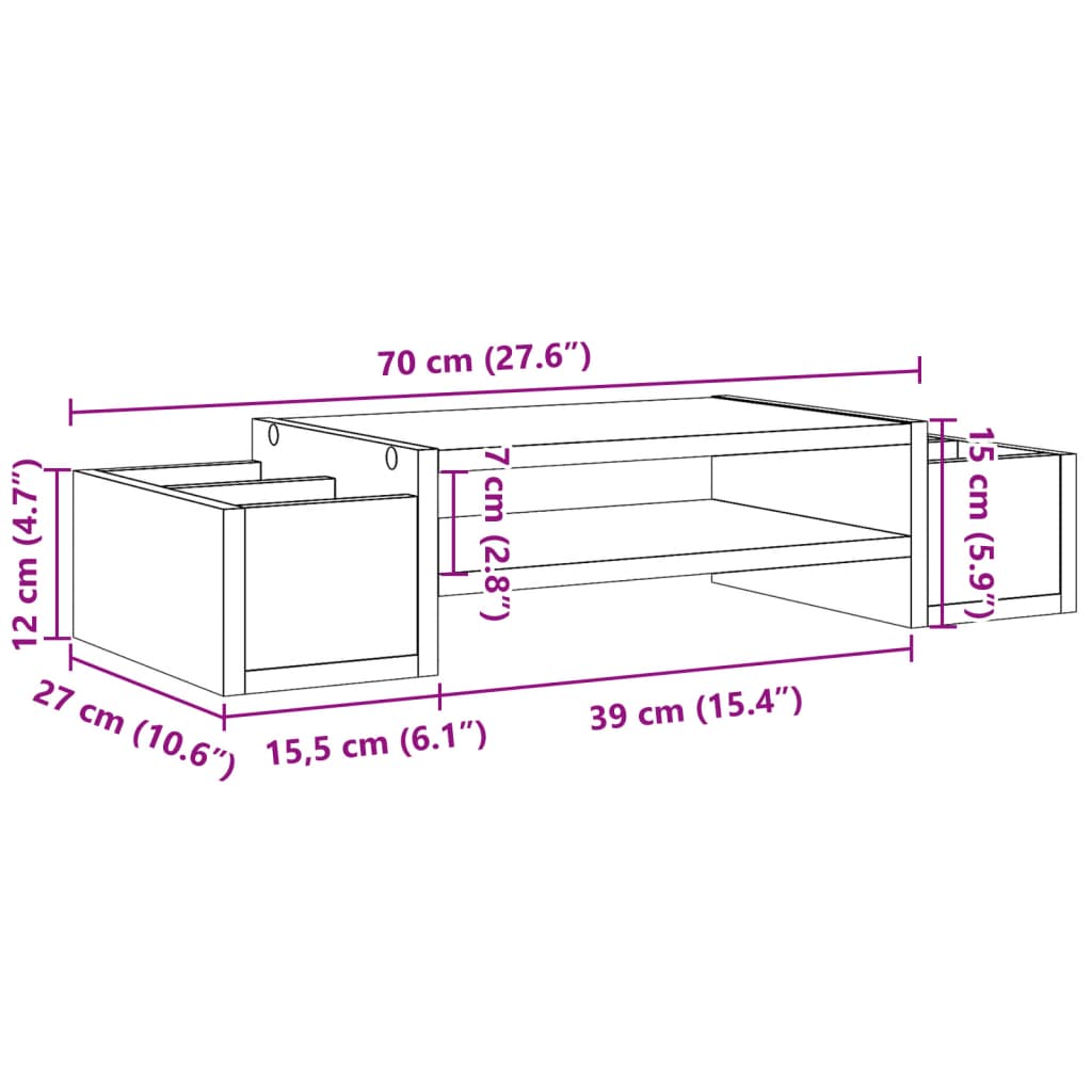 vidaXL Stojan na monitor s úložným prostorem kouřový dub 70x27x15 cm