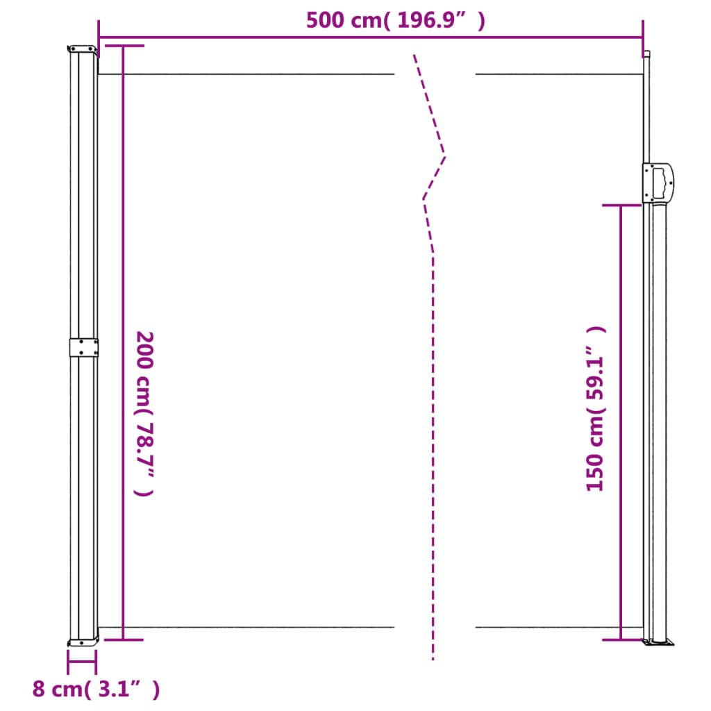 vidaXL Zatahovací boční markýza černá 200 x 500 cm