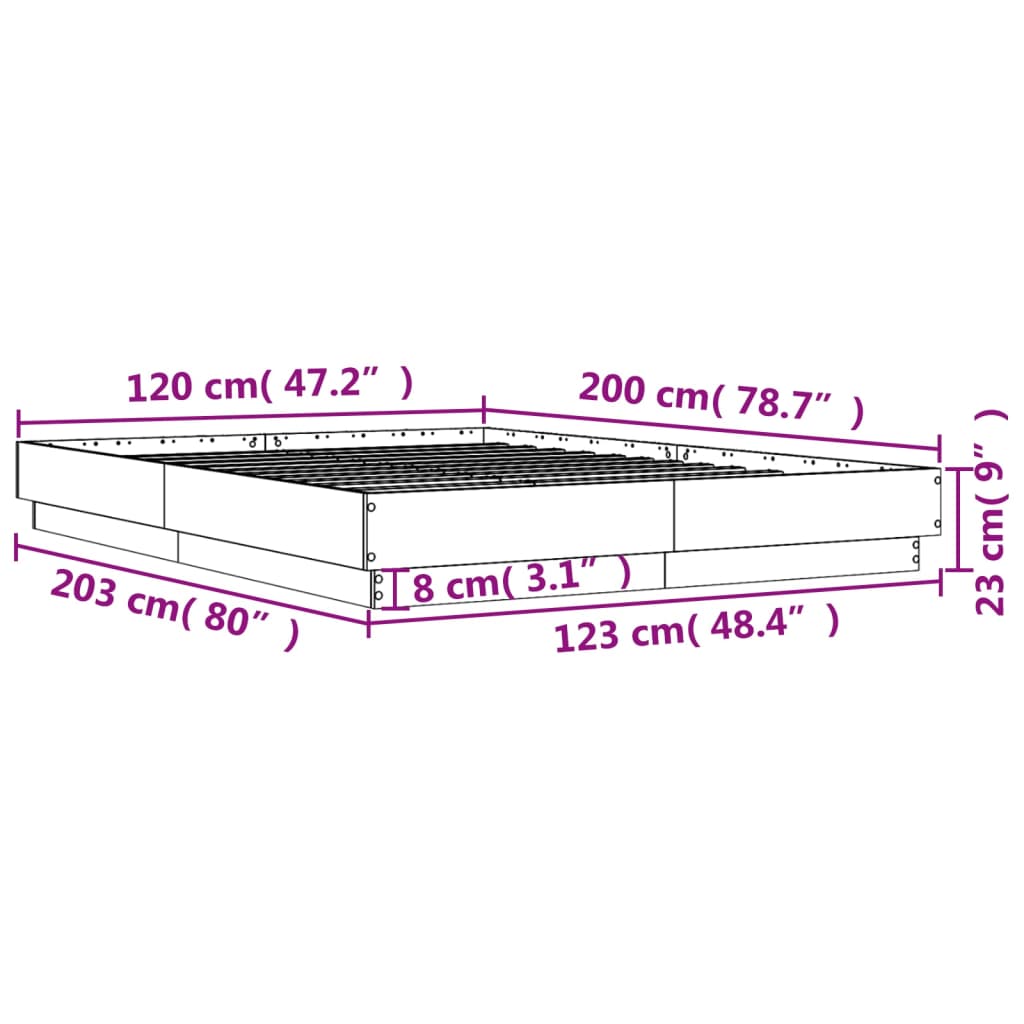 vidaXL Rám postele s LED osvětlením šedý sonoma 120 x 200 cm