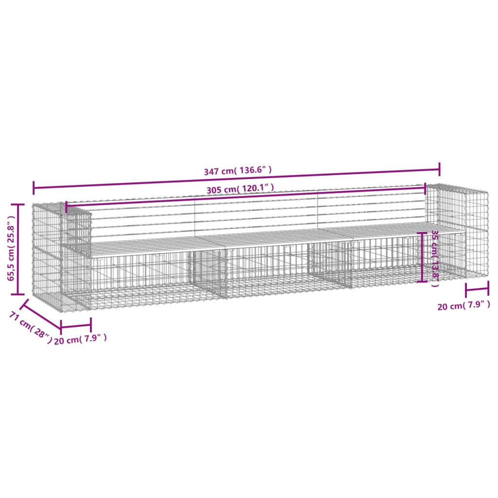 vidaXL Zahradní lavice gabionový design 347x71x65,5 cm borové dřevo