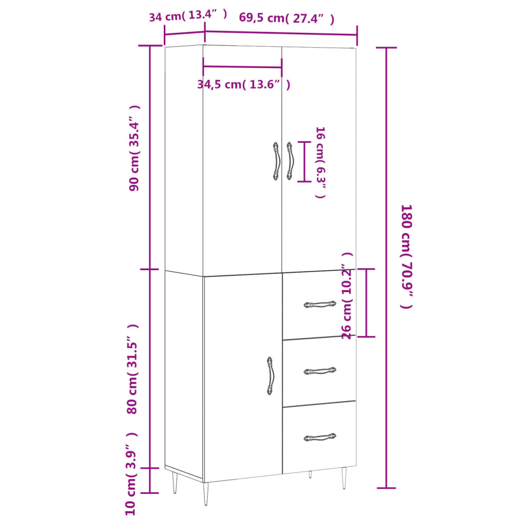 vidaXL Skříň highboard hnědý dub 69,5 x 34 x 180 cm kompozitní dřevo