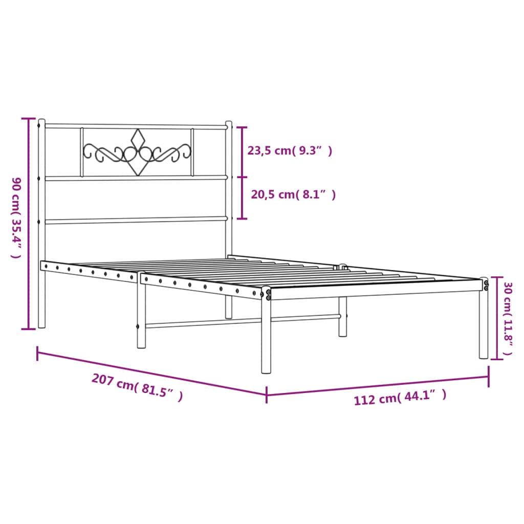 vidaXL Kovový rám postele s čelem bílý 107 x 203 cm