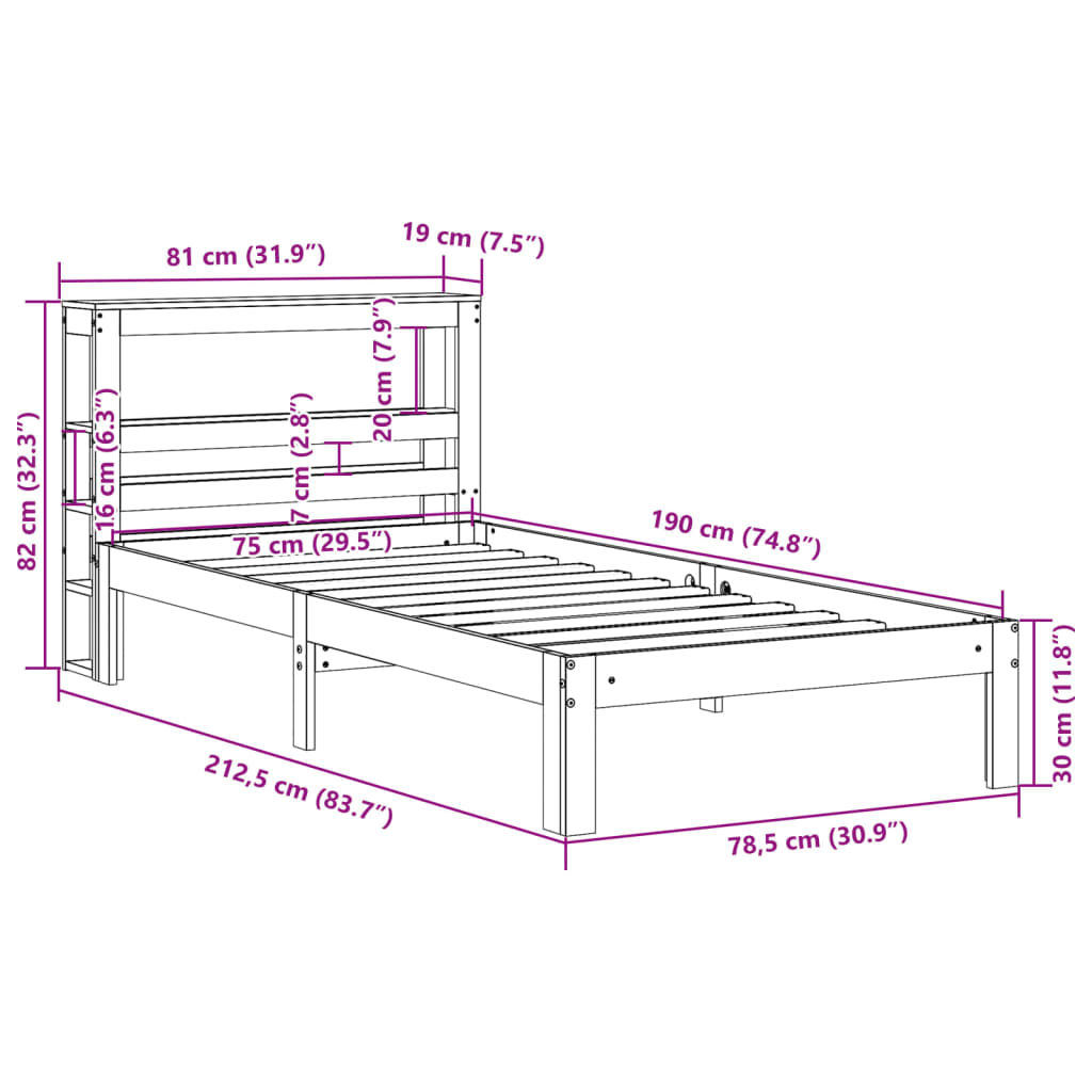 vidaXL Rám postele s čelem bílý 75 x 190 cm masivní borovice