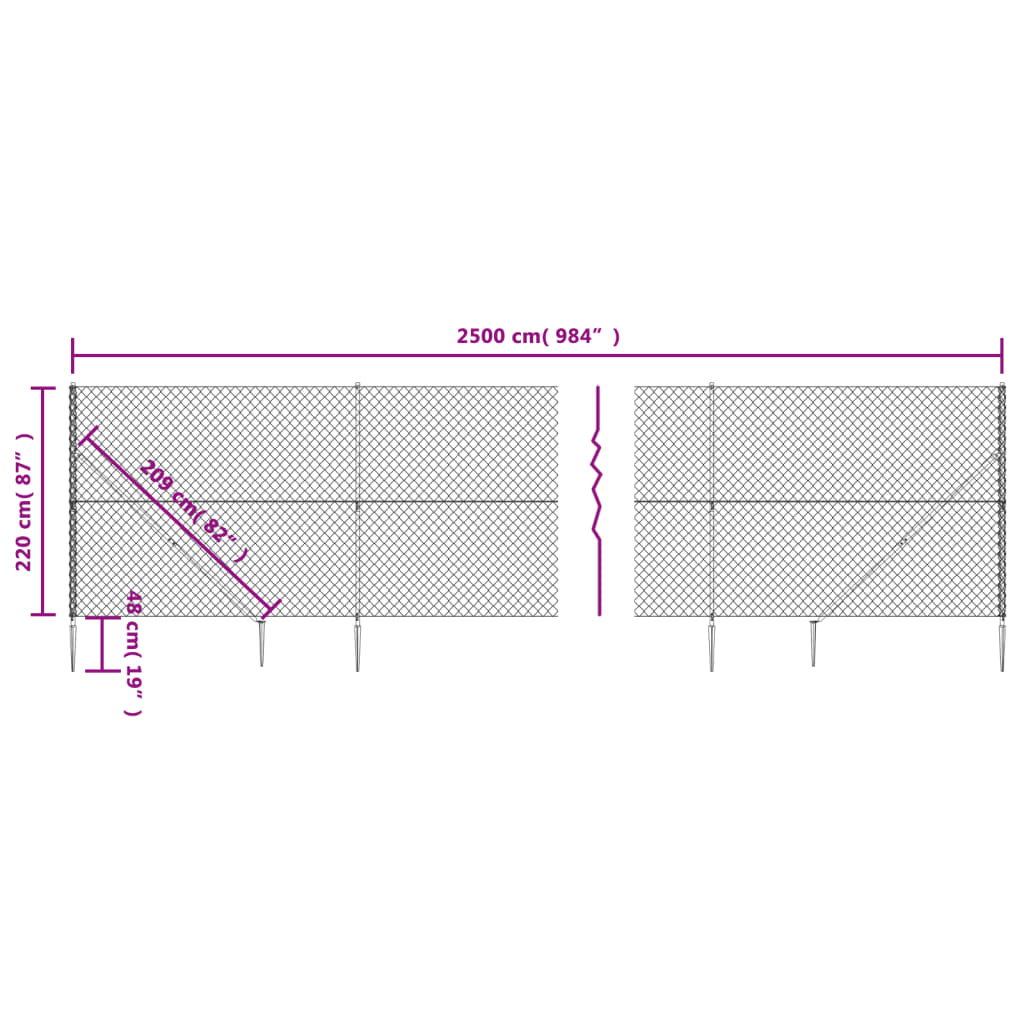 vidaXL Drátěné pletivo s kotevními hroty stříbrné 2,2 x 25 m