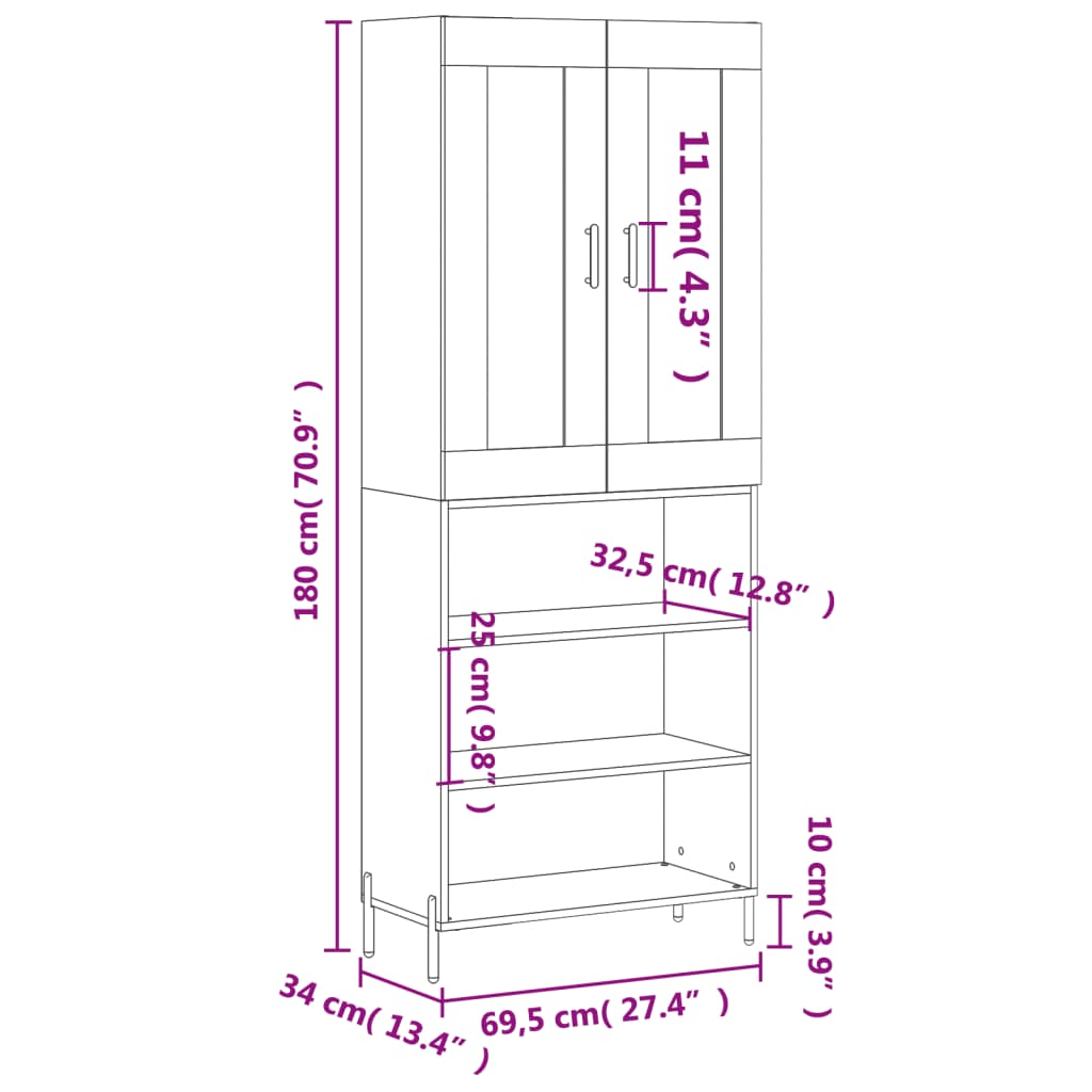 vidaXL Skříň highboard kouřový dub 69,5 x 34 x 180 cm kompozitní dřevo