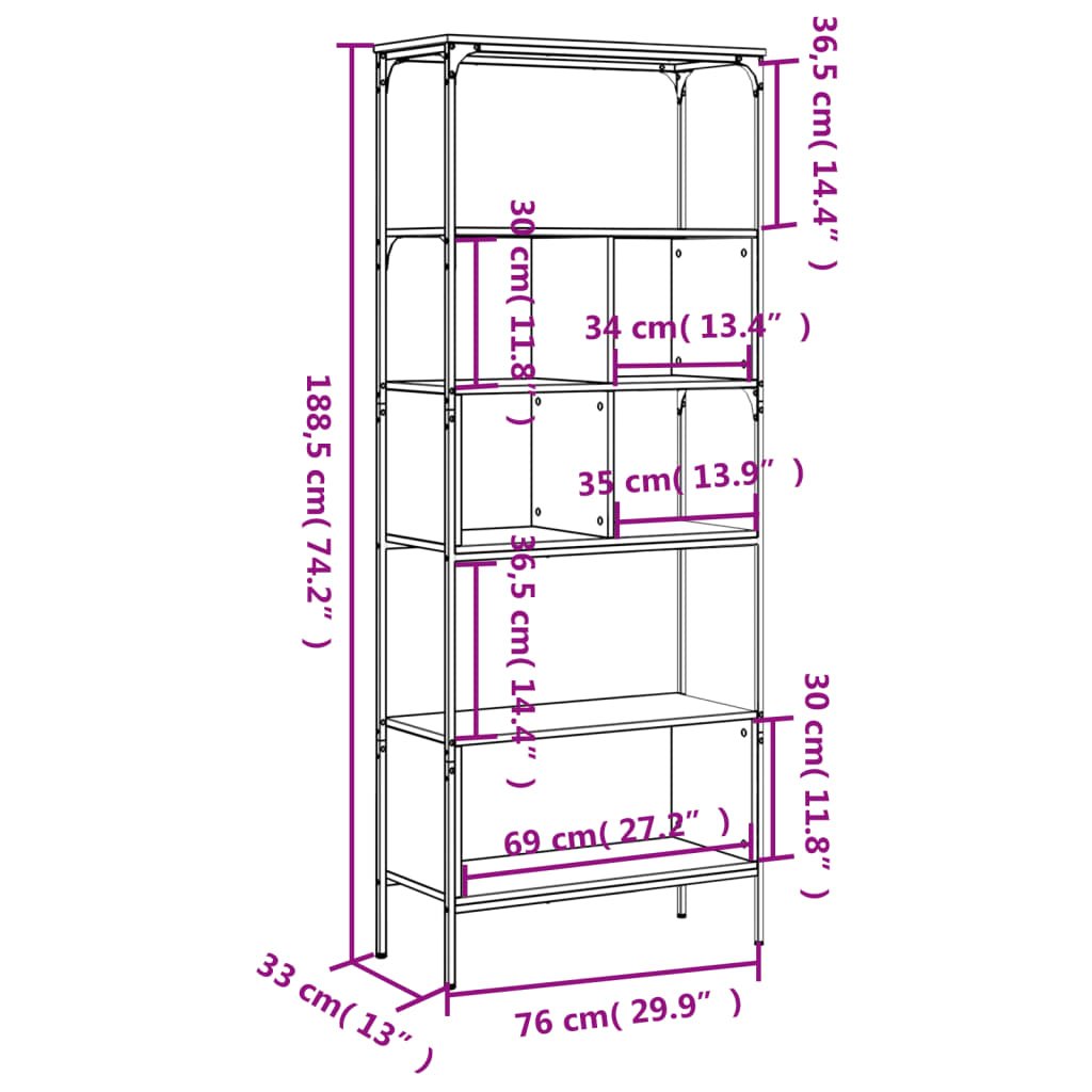 vidaXL Knihovna s 5 policemi hnědý dub 76 x 33 x 188,5 cm kompozit